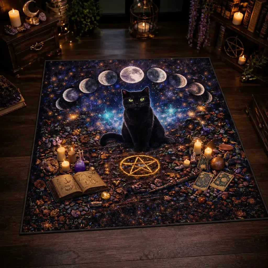 Mystical Black Cat Area Rug with Moon Phase – Gothic Witch Familiar Carpet for Home Decor_mockup_2.webp