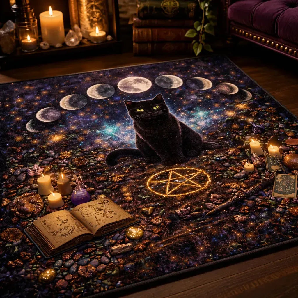 Mystical Black Cat Area Rug with Moon Phase – Gothic Witch Familiar Carpet for Home Decor_mockup_3.webp