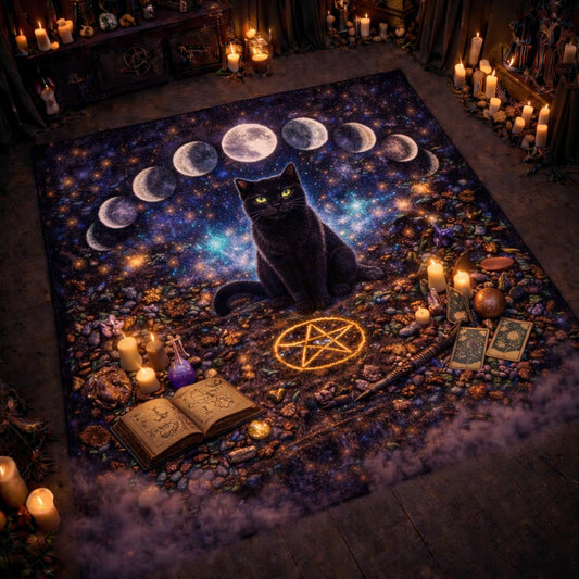 Mystical Black Cat Area Rug with Moon Phase – Gothic Witch Familiar Carpet for Home Decor-MoonChildWorld