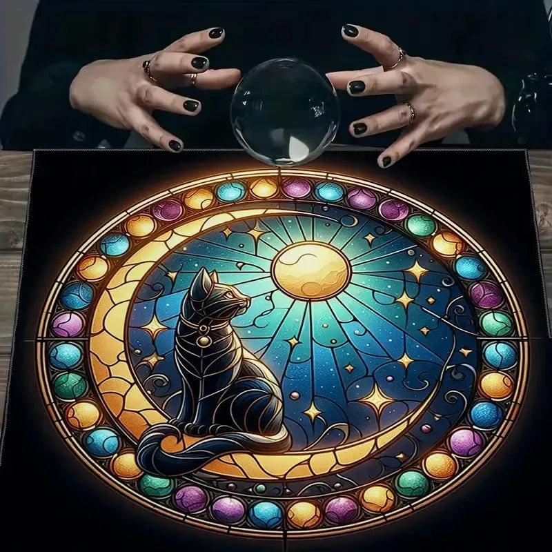 Mystical Black Cat Moon Tarot Tablecloth Wicca Altar Cloth for Divination Pagan Decor-MoonChildWorld