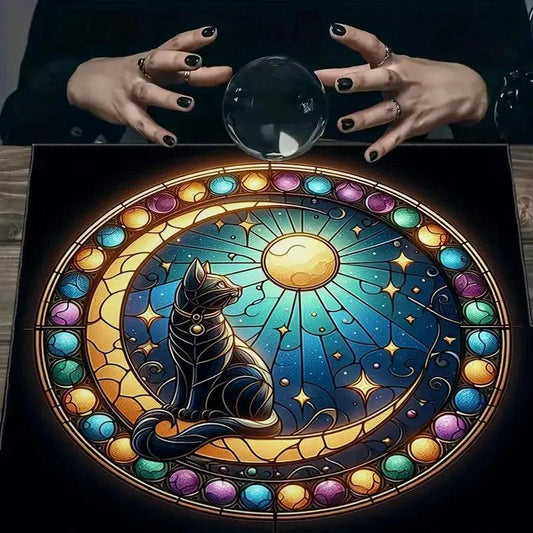 Mystical Black Cat Moon Tarot Tablecloth Wicca Altar Cloth for Divination Pagan Decor-MoonChildWorld