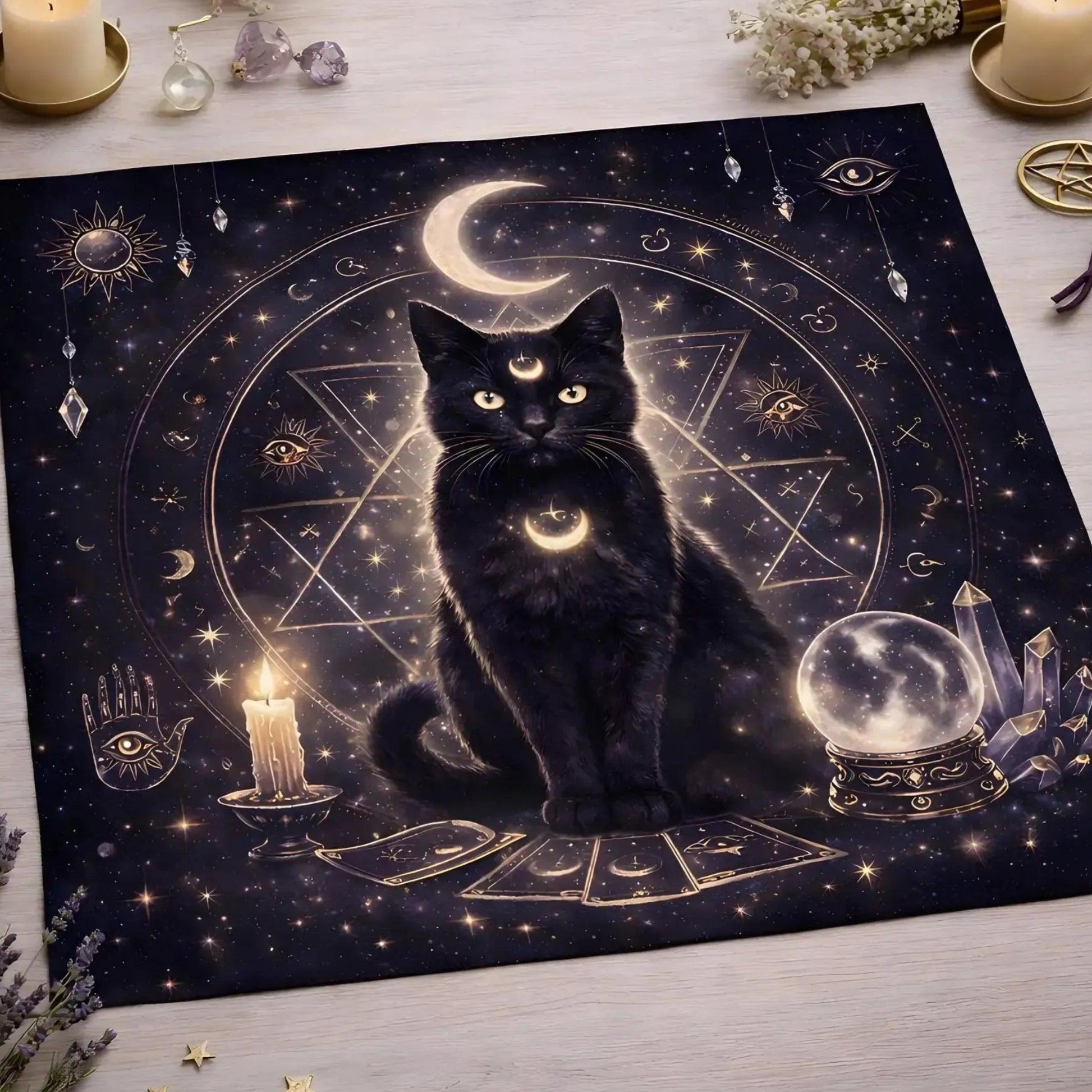Mystical Black Cat Wicca Altar Cloth - Pagan Tablecloth For Tarot Reading-MoonChildWorld