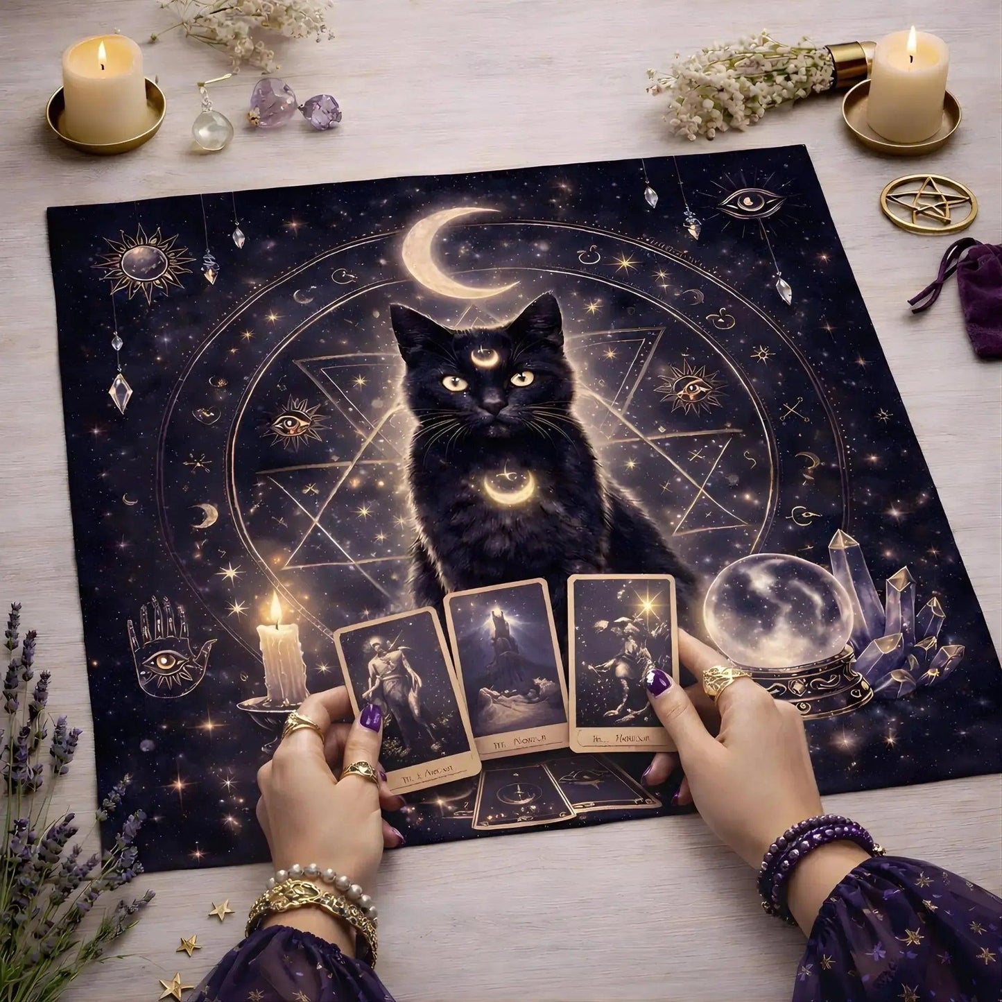 Mystical Black Cat Wicca Altar Cloth - Pagan Tablecloth For Tarot Reading-MoonChildWorld