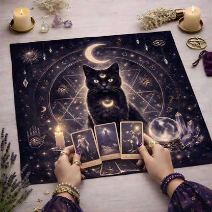 Mystical Black Cat Wicca Altar Cloth - Pagan Tablecloth For Tarot Reading-MoonChildWorld
