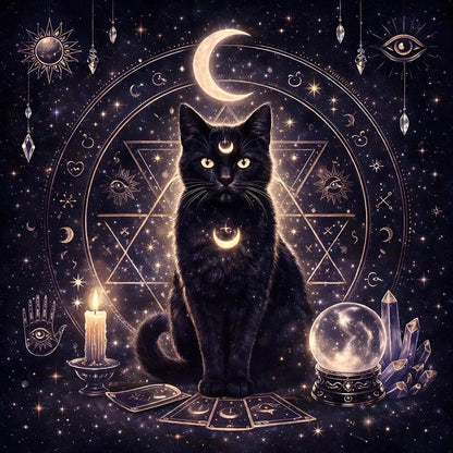 Mystical Black Cat Wicca Altar Cloth - Pagan Tablecloth For Tarot Reading-MoonChildWorld