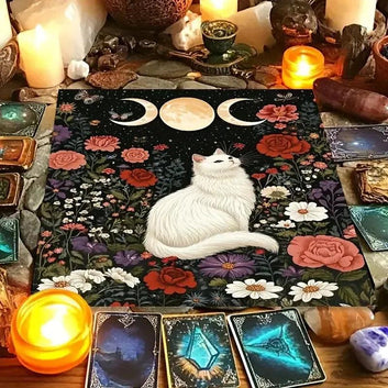 Mystical Cat Triple Moon Wicca Altar Cloth - Witchcraft Tarot Tablecloth for Reading Divination Witchy Home Decor-MoonChildWorld