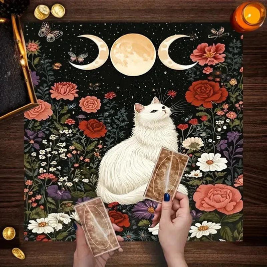 Mystical Cat Triple Moon Wicca Altar Cloth - Witchcraft Tarot Tablecloth for Reading Divination Witchy Home Decor-MoonChildWorld