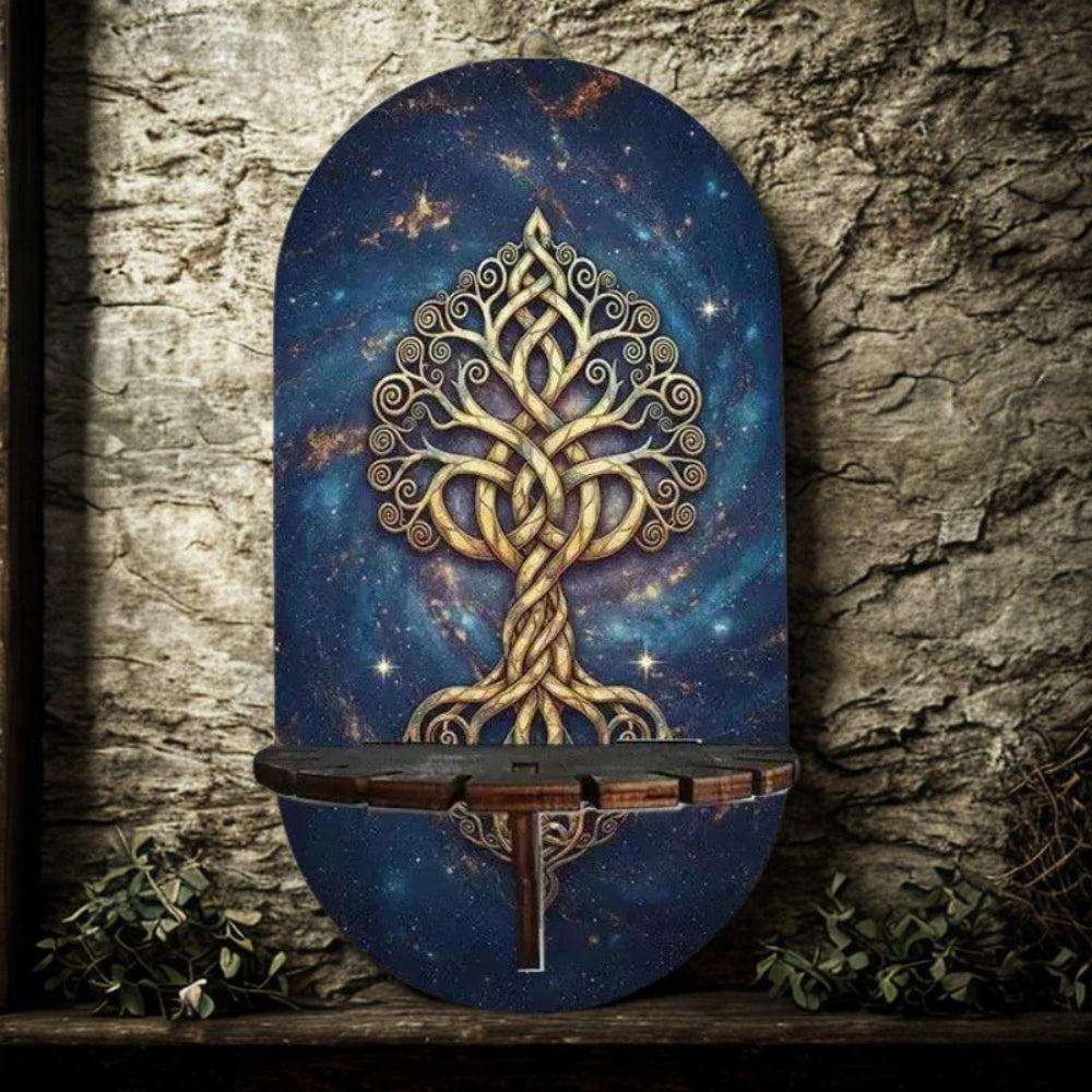 Mystical Celtic Tree Of Life Wall Shelf for Crystals & Candles – Wooden Wicca Floating Shelf Pagan Altar Decor-MoonChildWorld