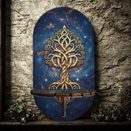Mystical Celtic Tree Of Life Wall Shelf for Crystals & Candles – Wooden Wicca Floating Shelf Pagan Altar Decor-MoonChildWorld