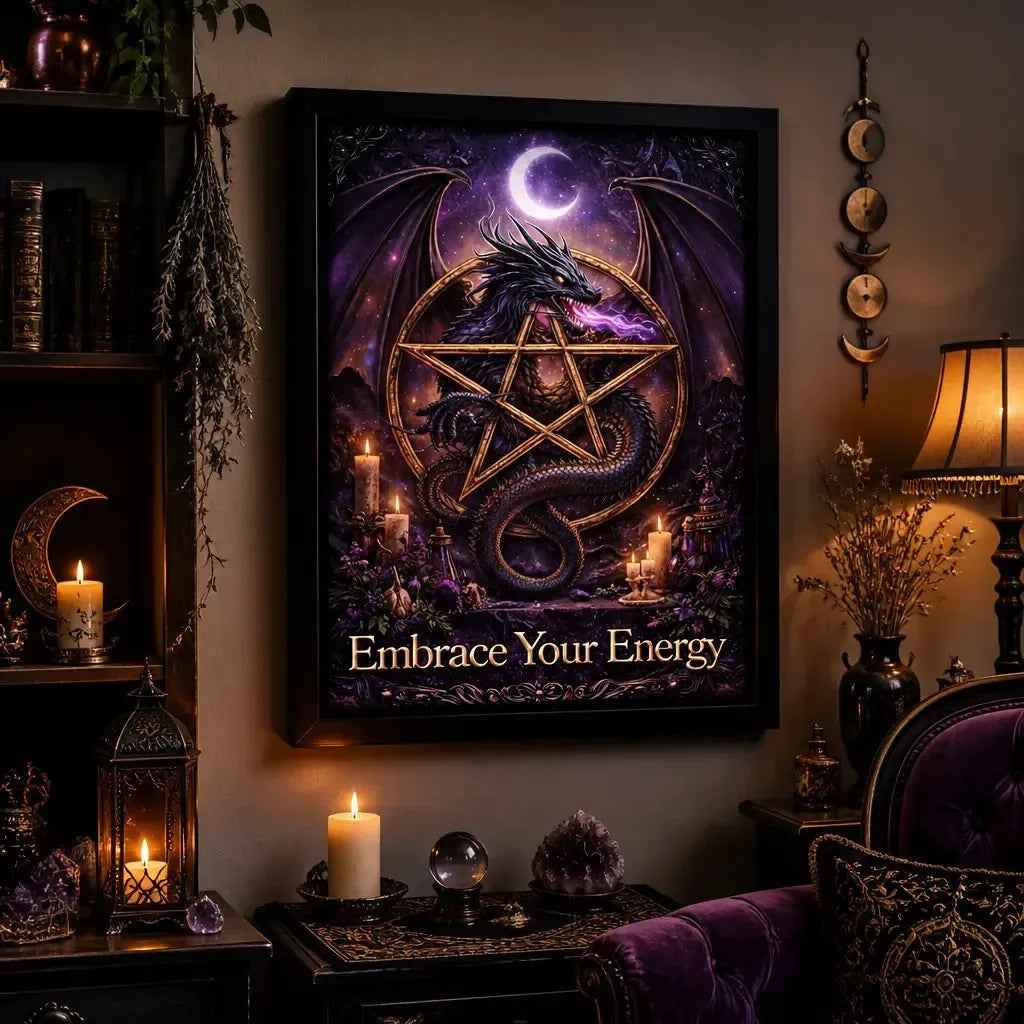 Mystical Dragon Canvas Wall Art with Pentacle - Gothic Black Framed Print for Wicca Altar Decor_mockup_1.webp
