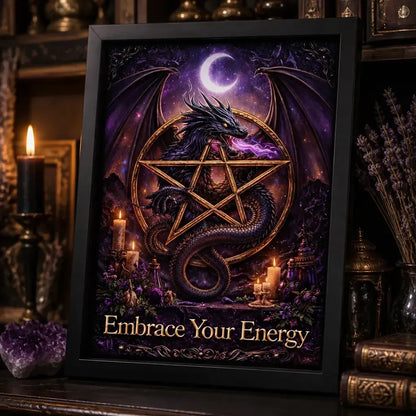 Mystical Dragon Canvas Wall Art with Pentacle - Gothic Black Framed Print for Wicca Altar Decor_mockup_3.webp