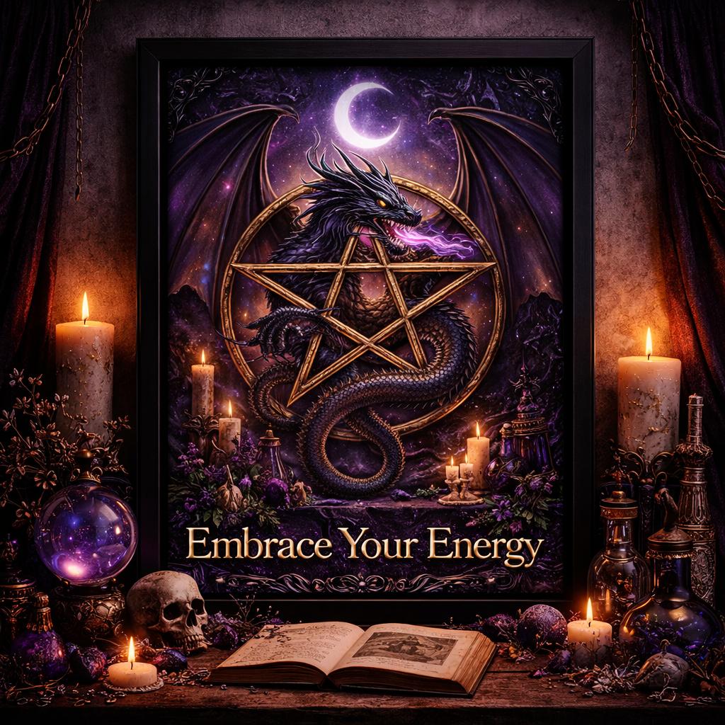 Mystical Dragon Canvas Wall Art with Pentacle - Gothic Black Framed Print for Wicca Altar Decor-MoonChildWorld