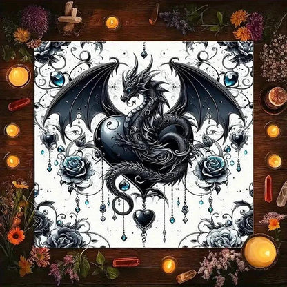 Mystical Dragon Tarot Tablecloth – Black & White Fantasy Altar Cloth with Blue Gems for Divination & Home Decor-MoonChildWorld