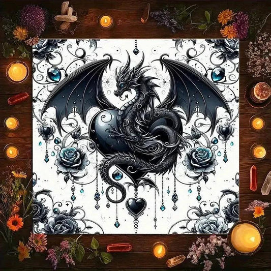 Mystical Dragon Tarot Tablecloth – Black & White Fantasy Altar Cloth with Blue Gems for Divination & Home Decor-MoonChildWorld