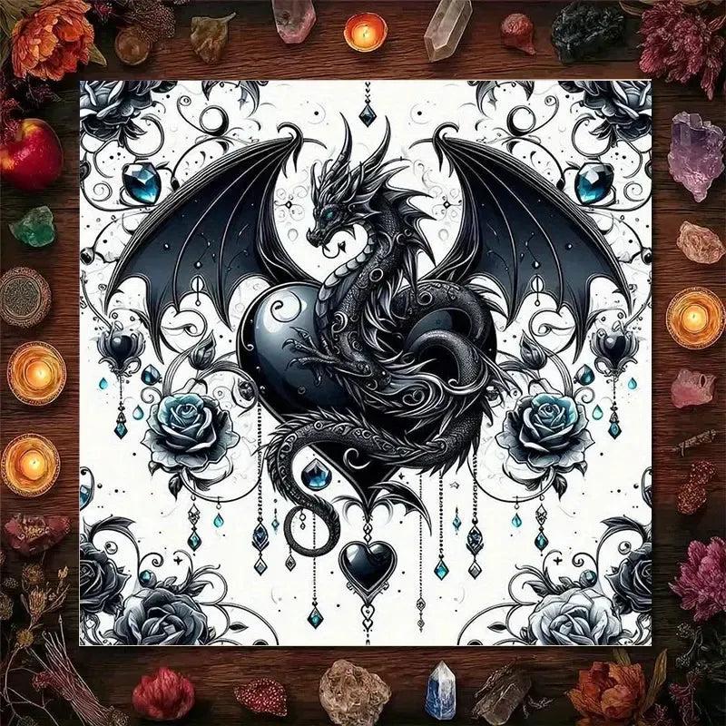 Mystical Dragon Tarot Tablecloth – Black & White Fantasy Altar Cloth with Blue Gems for Divination & Home Decor-MoonChildWorld