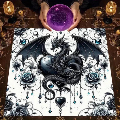 Mystical Dragon Tarot Tablecloth – Black & White Fantasy Altar Cloth with Blue Gems for Divination & Home Decor-MoonChildWorld