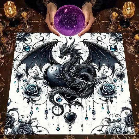 Mystical Dragon Tarot Tablecloth – Black & White Fantasy Altar Cloth with Blue Gems for Divination & Home Decor-MoonChildWorld