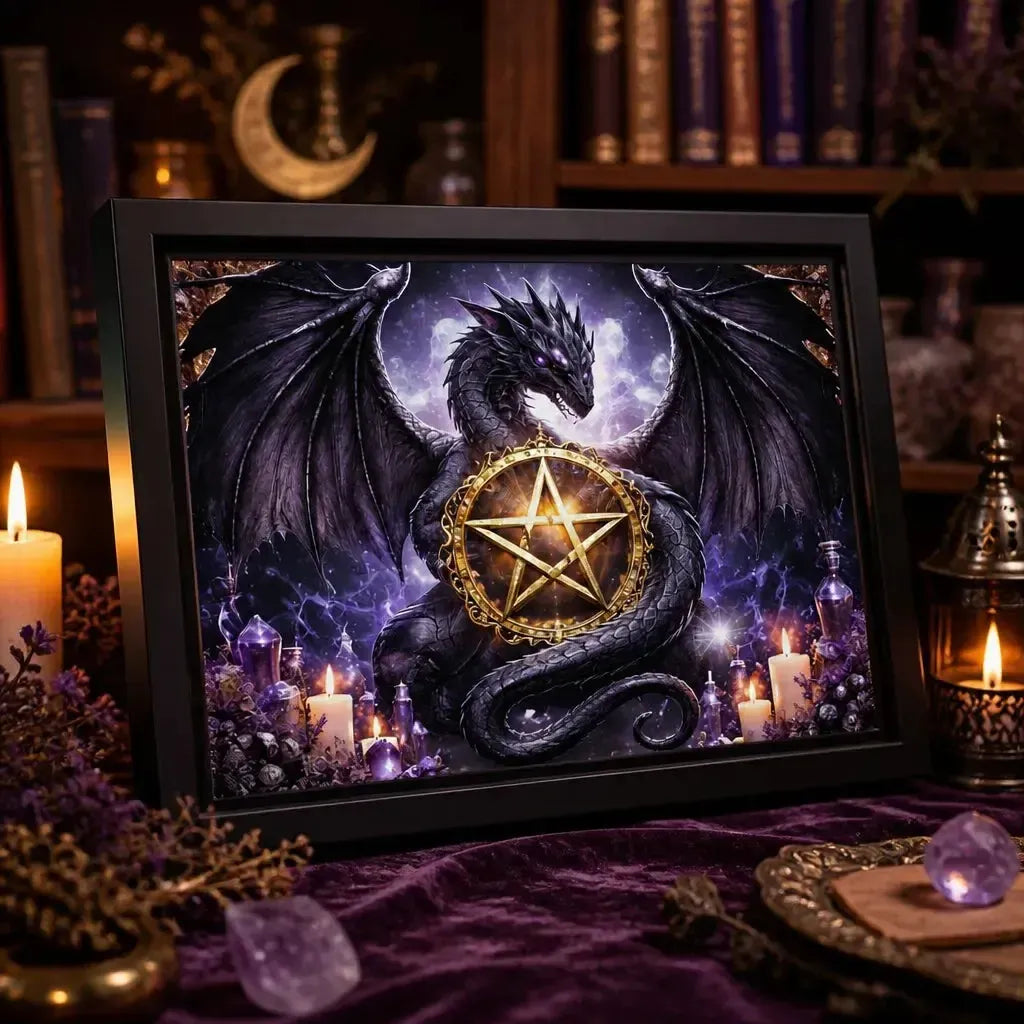 Mystical Dragon Wall Art with Wicca Pentacle - Black Framed Canvas Print for Halloween Gothic Spiritual Decor_mockup_3.webp