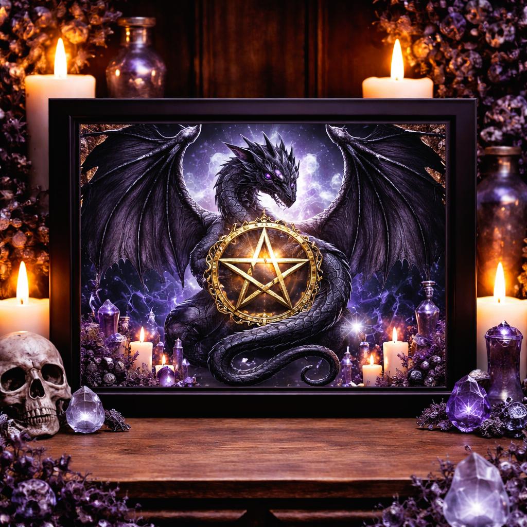 Black framed canvas print of a mystical dragon holding a golden Wicca pentacle, surrounded by candles and crystals.