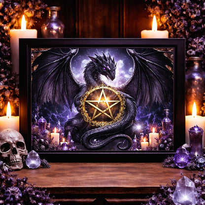 Black framed canvas print of a mystical dragon holding a golden Wicca pentacle, surrounded by candles and crystals.