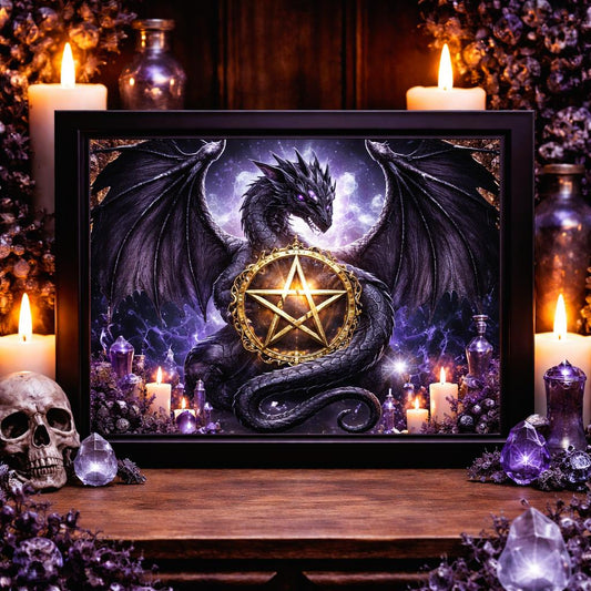 Mystical Dragon Wall Art with Wicca Pentacle - Black Framed Canvas Print for Halloween Gothic Spiritual Decor-MoonChildWorld