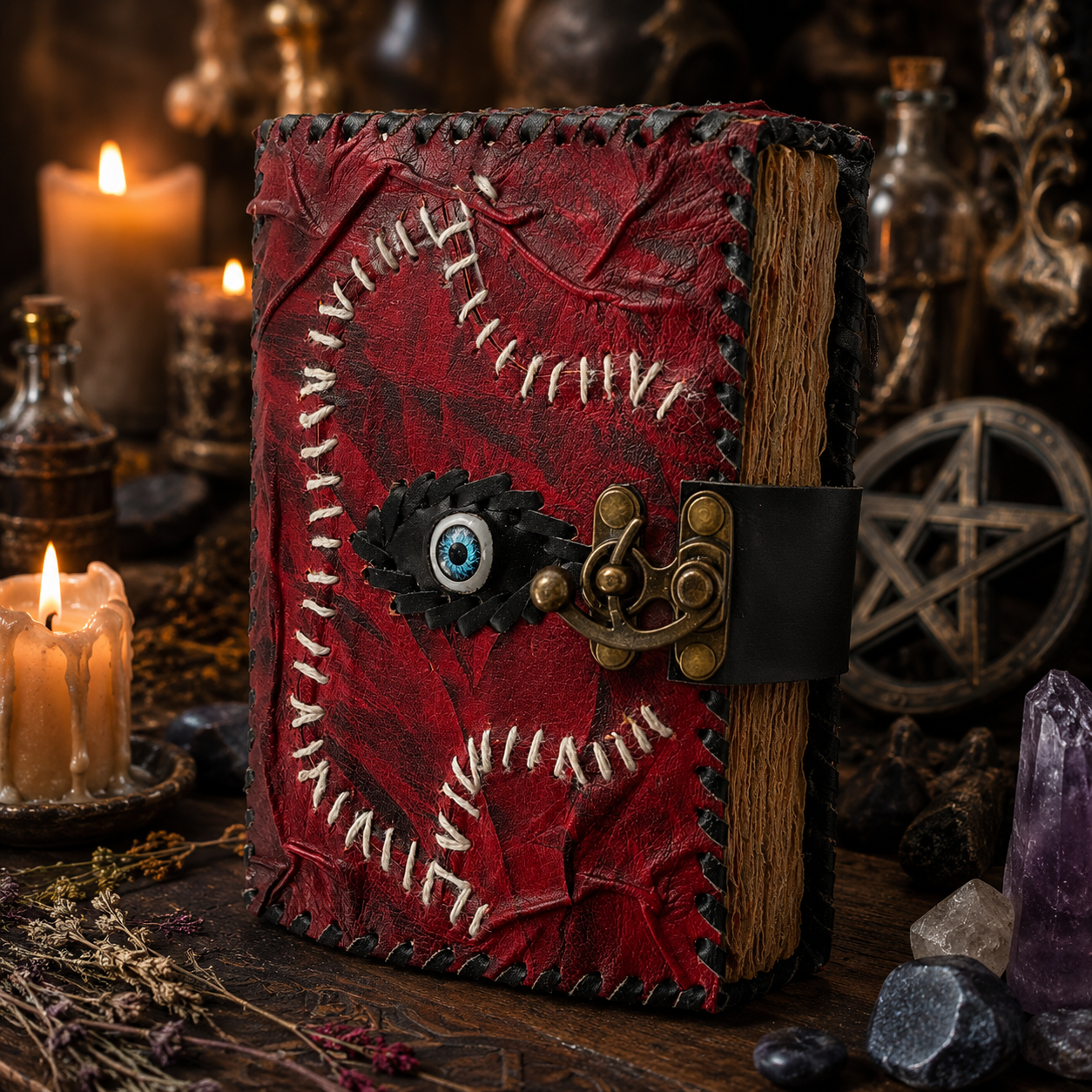 Mystical eye leather journal with lock – handmade witch grimoire notebook, eye embellishment, view 2