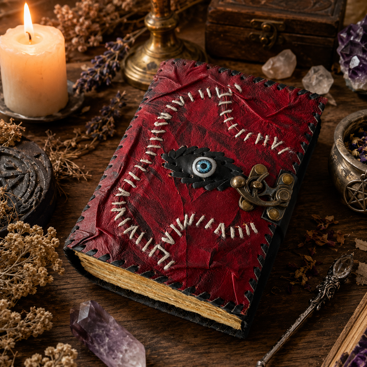 Mystical eye leather journal with lock – handmade witch grimoire notebook, eye embellishment, view 3