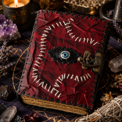 Mystical eye leather journal with lock – handmade witch grimoire notebook, eye embellishment, view 4