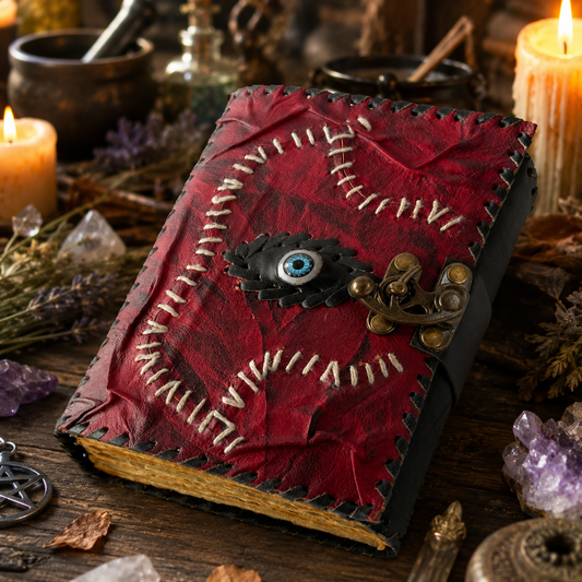 Mystical eye leather journal with lock – handmade witch grimoire notebook, eye embellishment, view 1