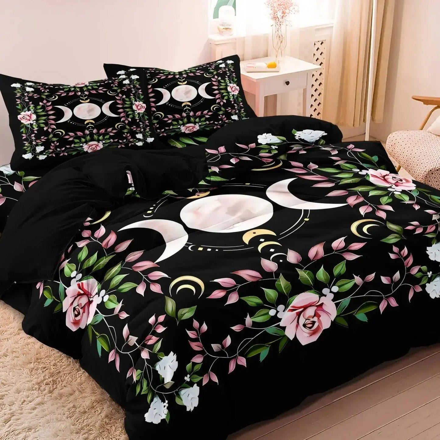 Mystical Floral Triple Moon Duvet Cover Set Wiccan Bedding Set Pagan Home Decor-MoonChildWorld