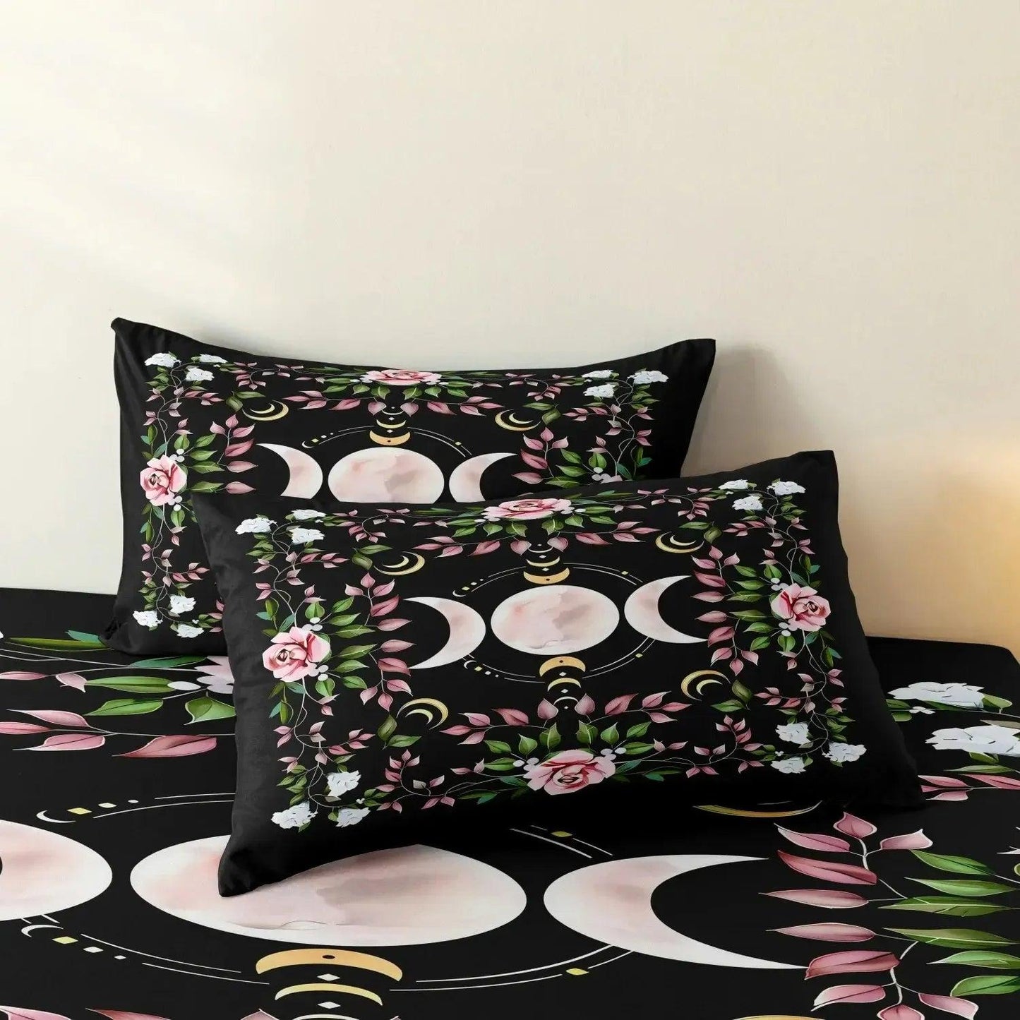 Mystical Floral Triple Moon Duvet Cover Set Wiccan Bedding Set Pagan Home Decor-MoonChildWorld
