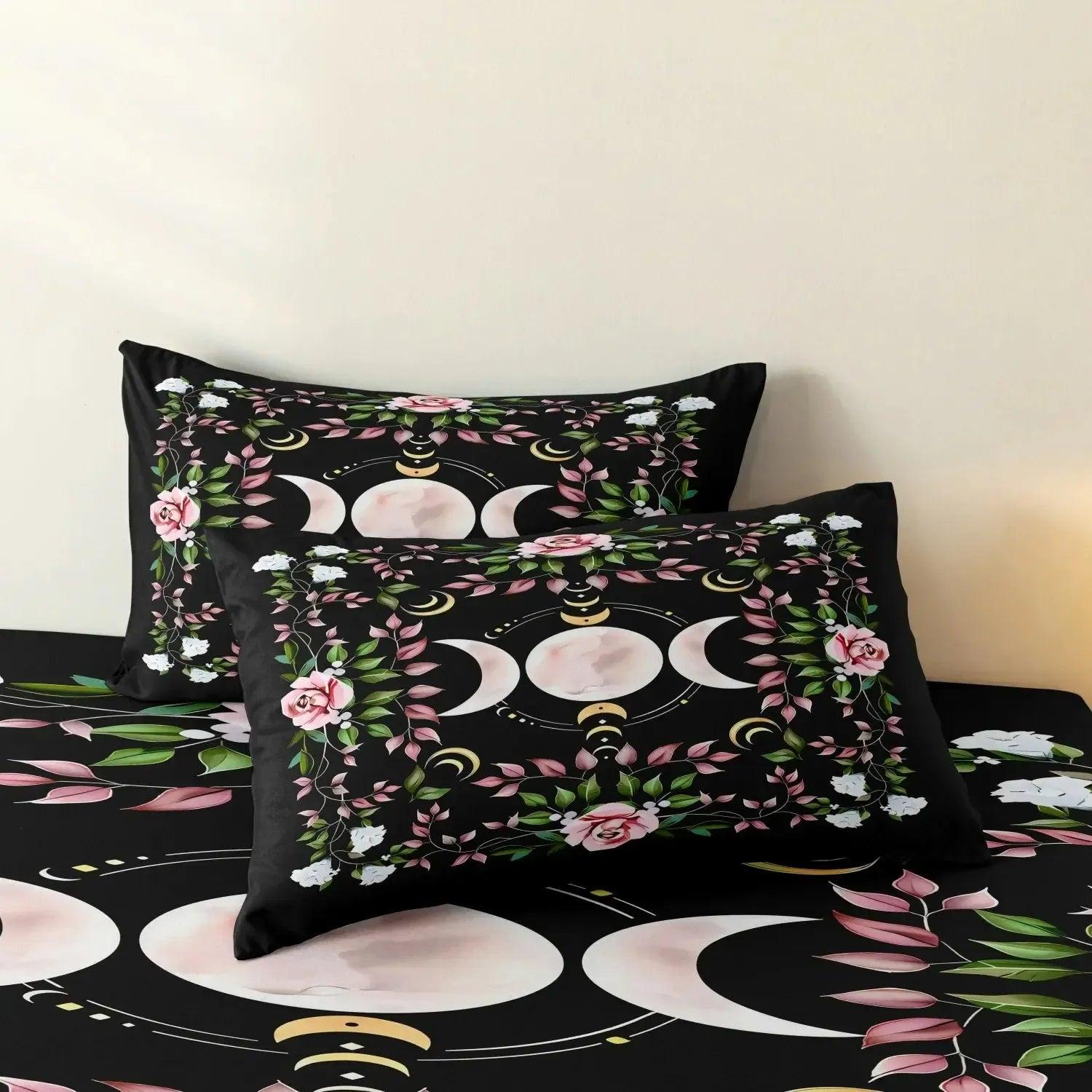 Mystical Floral Triple Moon Duvet Cover Set Wiccan Bedding Set Pagan Home Decor-MoonChildWorld