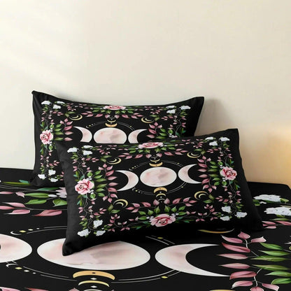 Mystical Floral Triple Moon Duvet Cover Set Wiccan Bedding Set Pagan Home Decor-MoonChildWorld