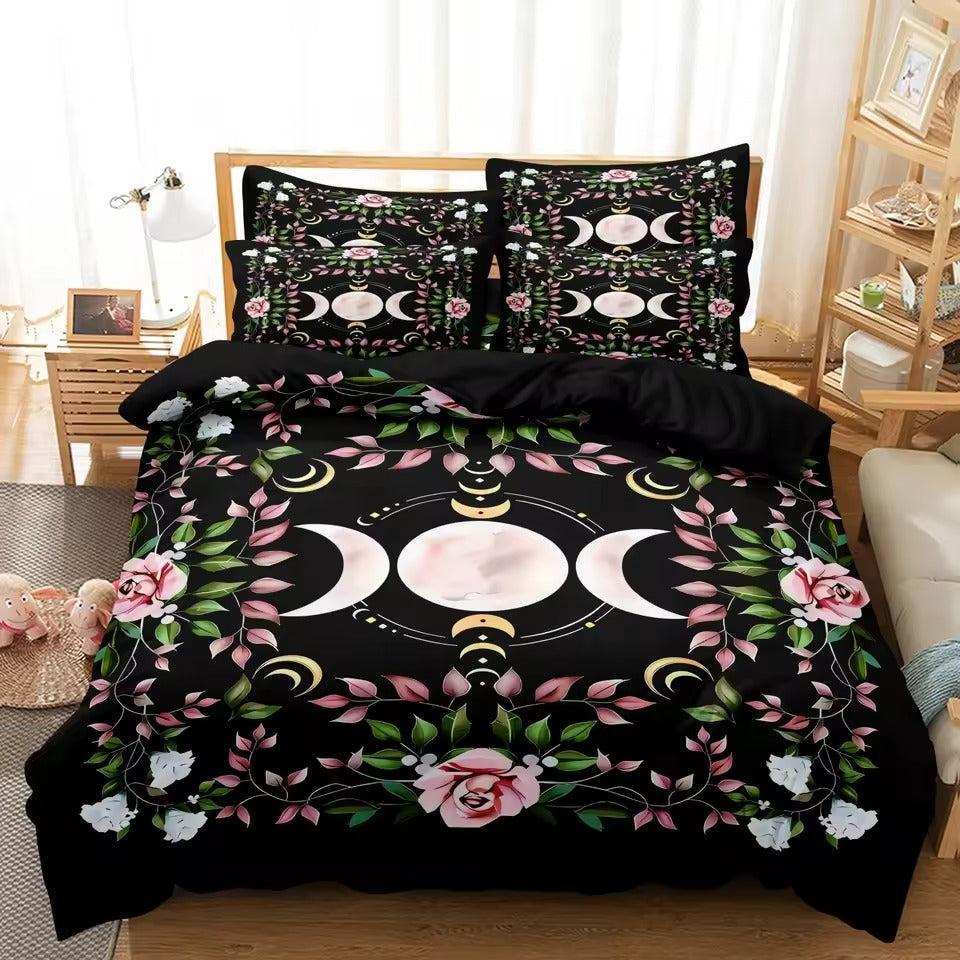 Mystical Floral Triple Moon Duvet Cover Set Wiccan Bedding Set Pagan Home Decor-MoonChildWorld