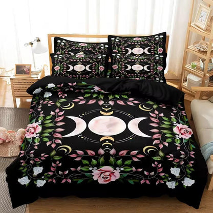 Mystical Floral Triple Moon Duvet Cover Set Wiccan Bedding Set Pagan Home Decor-MoonChildWorld