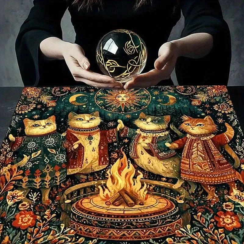 Mystical Forest Campfire Cats Wicca Altar Cloth - Pagan Tablecloth For Tarot Reading-MoonChildWorld