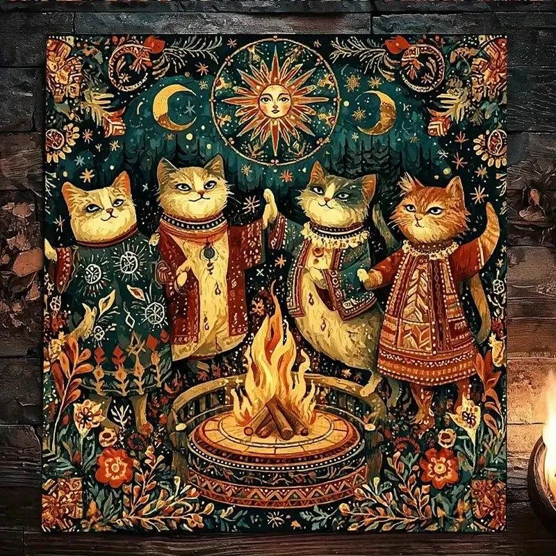 Mystical Forest Campfire Cats Wicca Altar Cloth - Pagan Tablecloth For Tarot Reading-MoonChildWorld