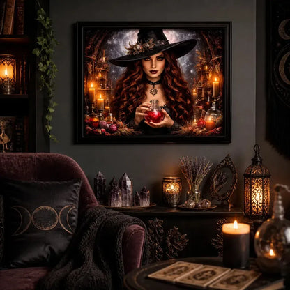Mystical Gothic Witch Canvas Wall Art - Black Framed Print for Halloween_mockup_1.webp