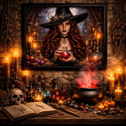 Mystical Gothic Witch Canvas Wall Art - Black Framed Print for Halloween-MoonChildWorld
