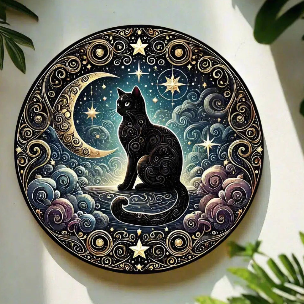 Mystical Moon Black Cat Metal Sign Occult Cat Home Decor-MoonChildWorld
