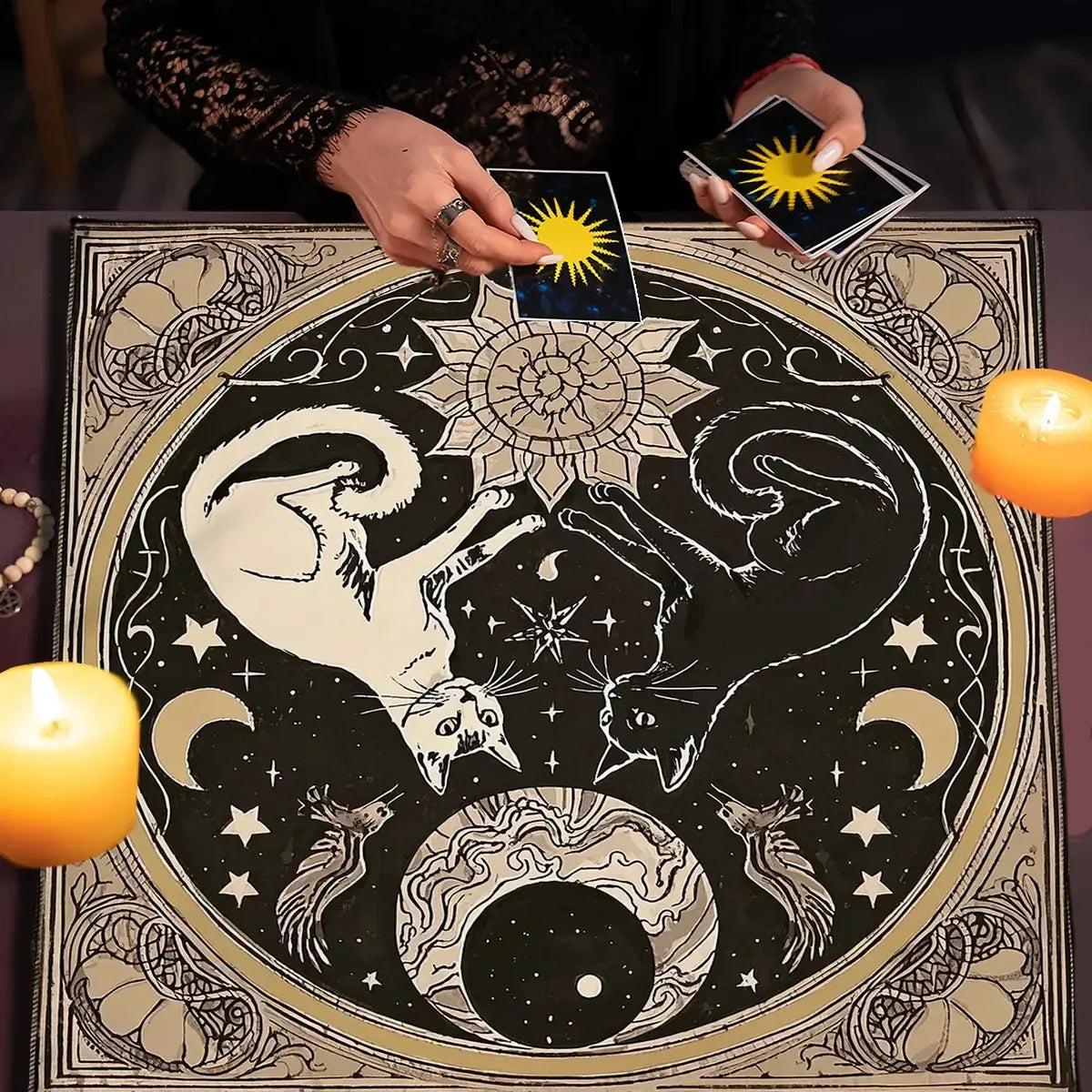 Mystical Moon Cats Altar Cloth With Floral Starry Sky Divination Tarot Table Cloth Witch Home Decor-MoonChildWorld