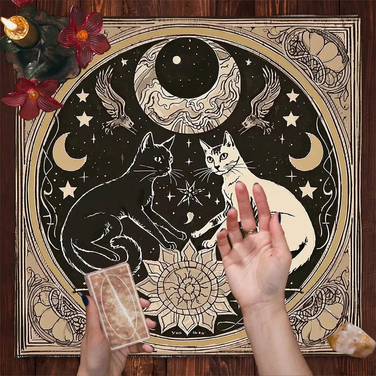 Mystical Moon Cats Altar Cloth With Floral Starry Sky Divination Tarot Table Cloth Witch Home Decor-MoonChildWorld
