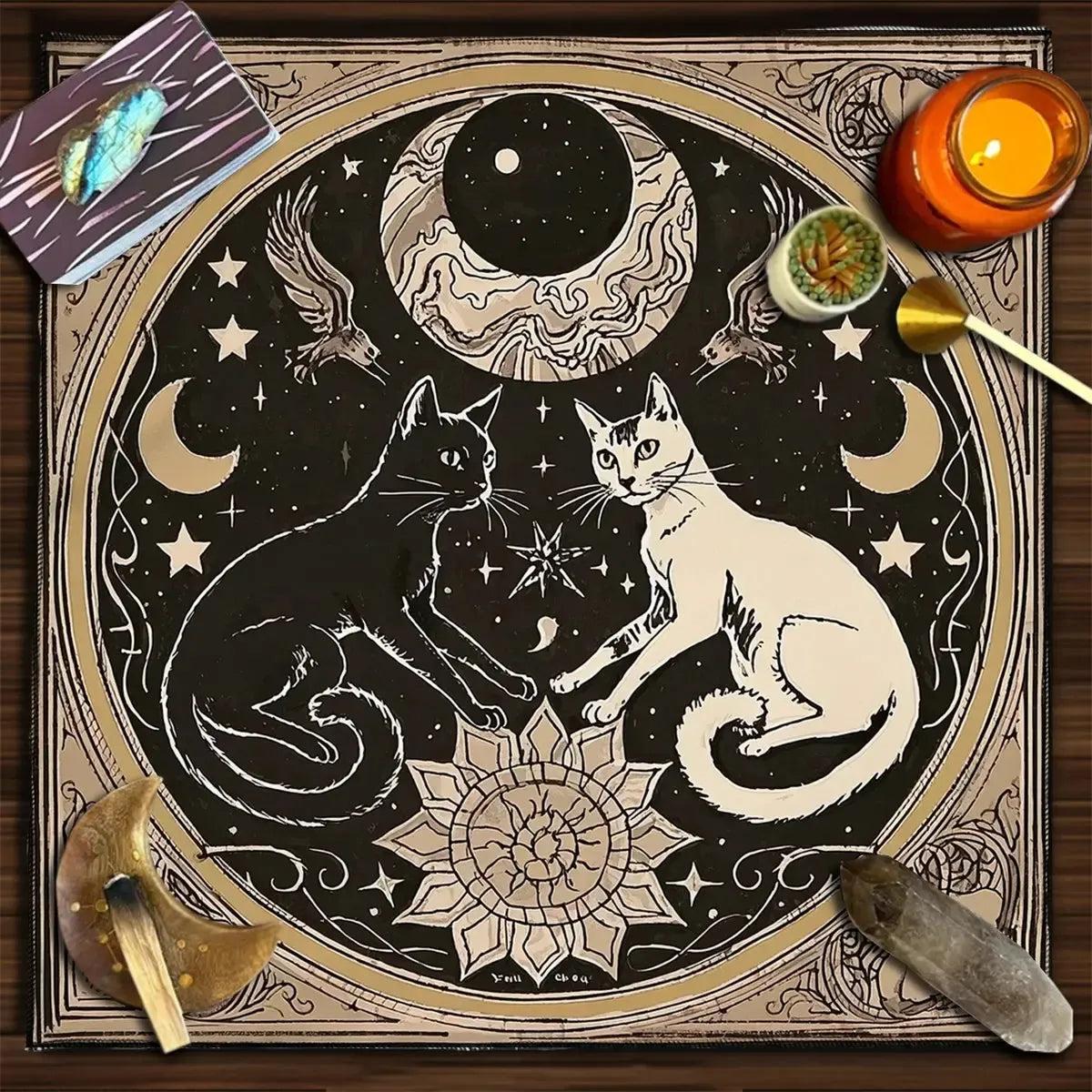 Mystical Moon Cats Altar Cloth With Floral Starry Sky Divination Tarot Table Cloth Witch Home Decor-MoonChildWorld