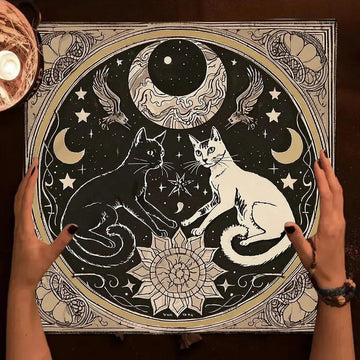Mystical Moon Cats Altar Cloth With Floral Starry Sky Divination Tarot Table Cloth Witch Home Decor-MoonChildWorld