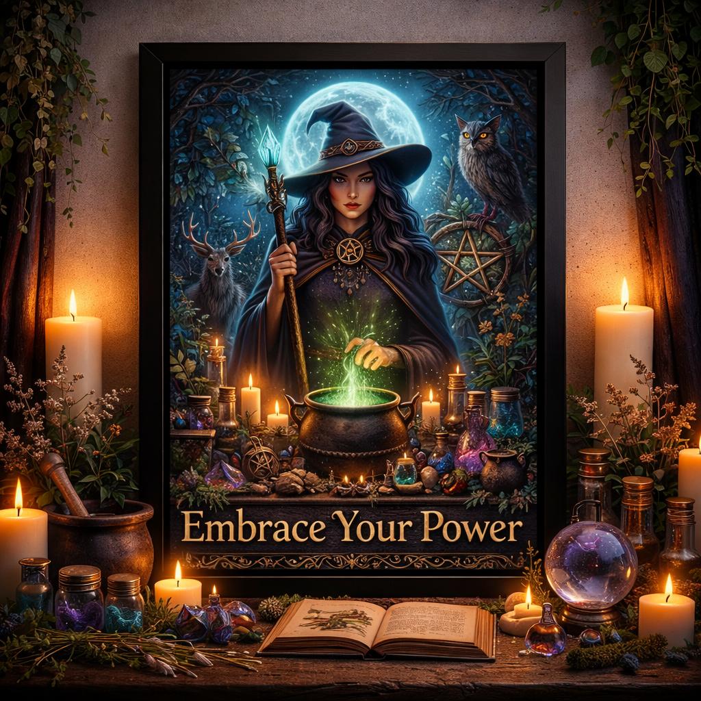 Mystical Moon Witch Canvas Wall Art - Wiccan Black Framed Print for Halloween-MoonChildWorld
