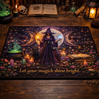 Mystical Moon Witch Doormat with a witch, black cat, triple moon, and "Let your magick shine bright." text.