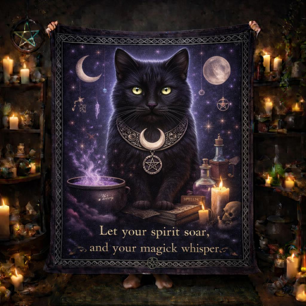 Mystical Moon Witchy Black Cat Blanket - Occult Cat Blanket for Witch Home Decor-MoonChildWorld