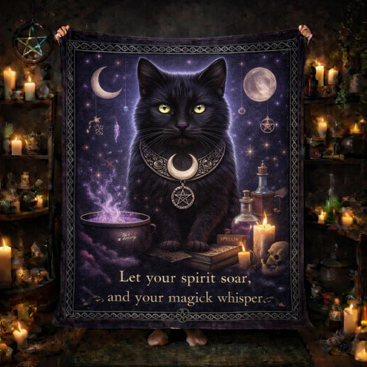 Black cat blanket with crescent moon, pentacle, and "Let your spirit soar" text.