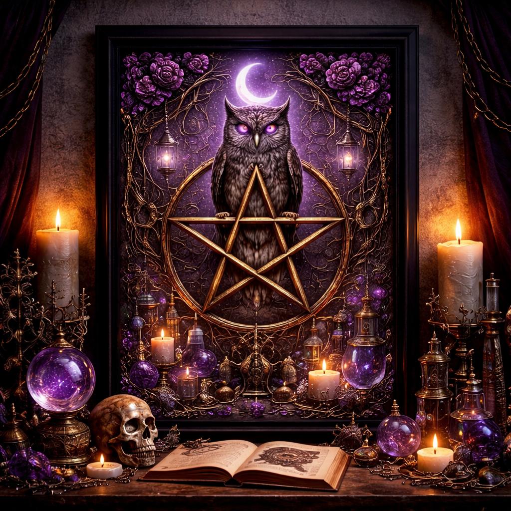 Mystical Owl Gothic Decor with Pentacle - Wiccan Black Framed Art Print Canvas for Witch Home Decor-MoonChildWorld