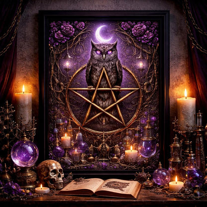 Mystical Owl Gothic Decor with Pentacle - Wiccan Black Framed Art Print Canvas for Witch Home Decor-MoonChildWorld